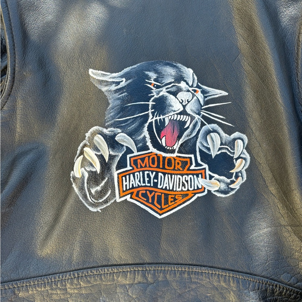 Vintage Hand-Painted Harley Davidson Panther Biker Leather Jacket Unisex Size 46 - Picture 2 of 4